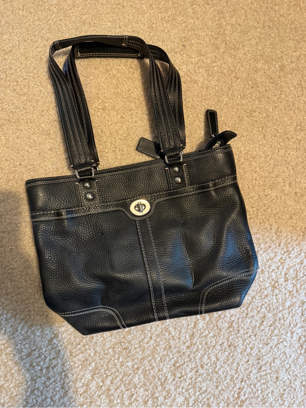 Coach Black Leather Shoulder Tote with Turn-Lock Accent
